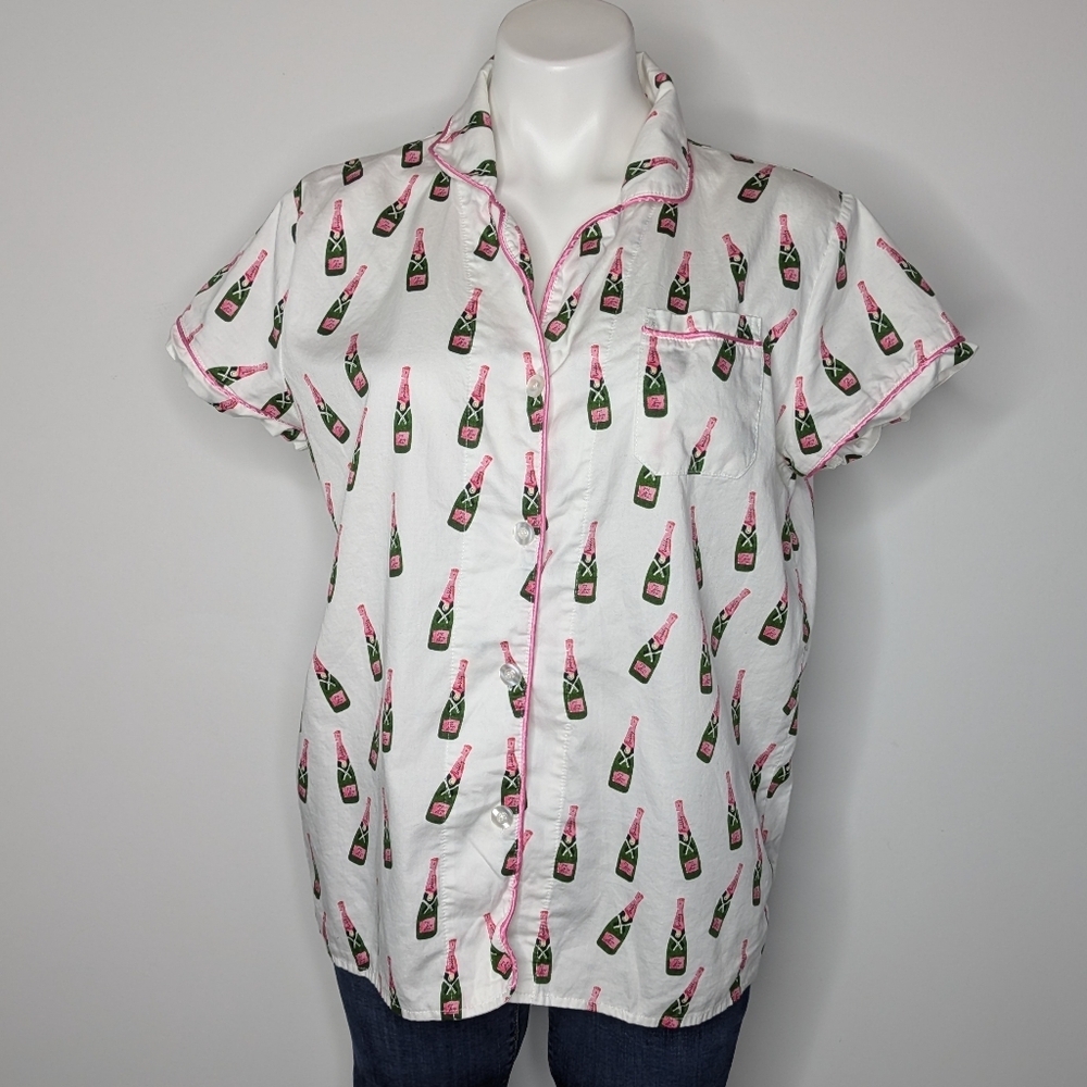 Toss Designs White Pink Green Champagne Bottle Button Down Pajama Top L